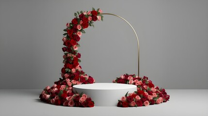 A sleek white platform stands out prominently with a beautiful arch above, surrounded by a lush arrangement of vibrant red and pink roses, to introduce the product.