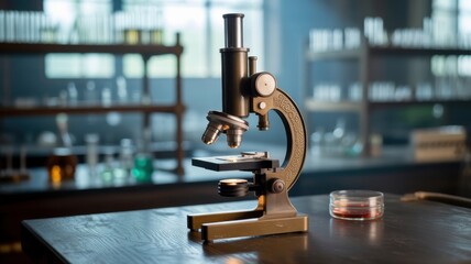 Vintage Microscope in a Scientific Laboratory Setting