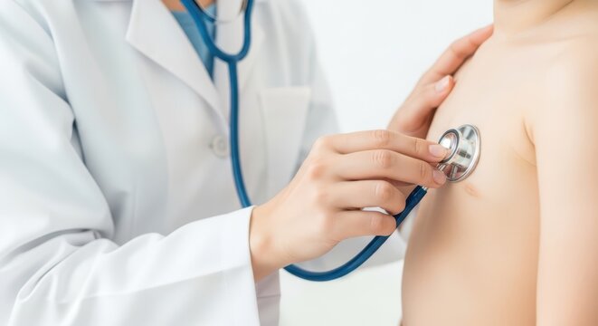 Pediatric appointment. Professional medical photography Pediatrician’s hands in a white coat using a stethoscope carefully listening to the child’s chest