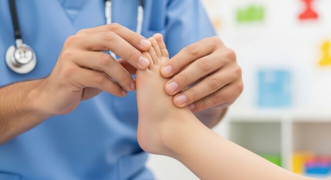 Pediatric orthopedic appointment poster for clinic. Orthopedic doctor gently holding child’s foot with both hands, examining the arch, close-up on child’s foot and doctor’s hands - Powered by Adobe