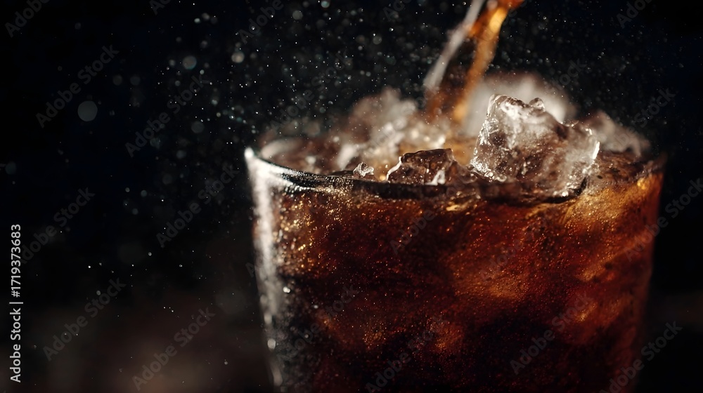 Poster close up of cola being poured into a glass full of ice cubes creating a refreshing splash