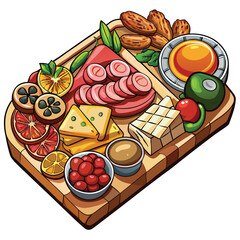 Cartoon wooden charcuterie board showcases fruit, sausages, cheese, dates, olives and dipping sauce