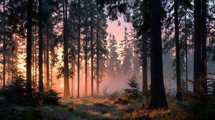 Sunrise over pine silhouettes awakens calm with glowing light and misty forest whispers.