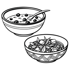 Line drawing shows two bowls filled with different foods in black and white
