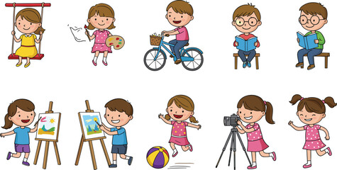 Happy kids playing, painting, reading, cycling, and enjoying outdoor activities, education, and creativity – cartoon children illustration on white background.