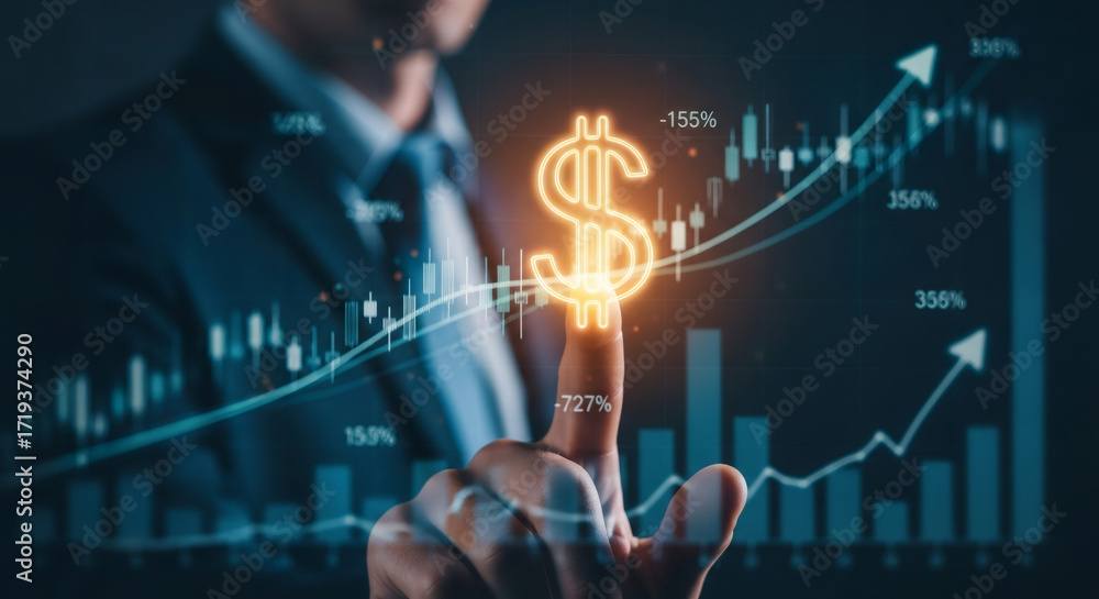 Aufkleber Man touching glowing dollar sign with financial graph and rising arrow. Business growth chart with data analysis. Investment strategy.