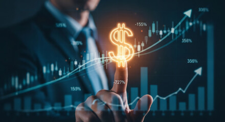 Man touching glowing dollar sign with financial graph and rising arrow. Business growth chart with data analysis. Investment strategy.