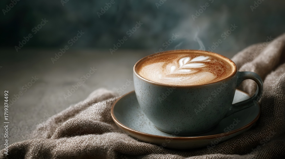 Poster a steaming cappuccino with intricate latte art rests on a saucer next to a rustic fabric