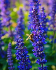 Closeup Blue Salvia Flowers with Bees Under Sunlight