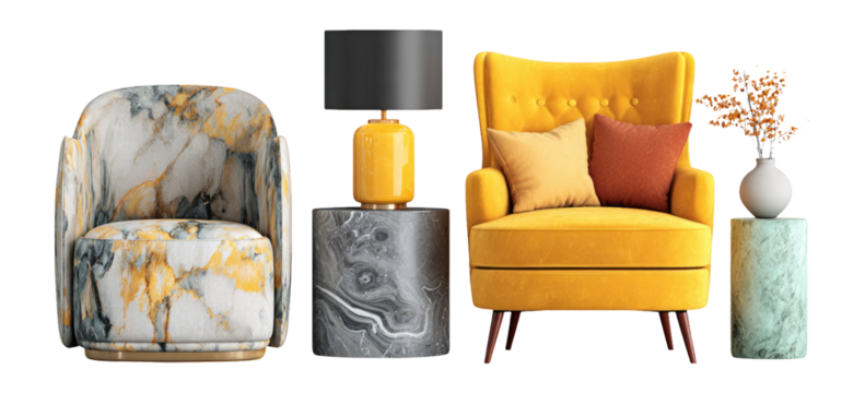 Elegant Marble Furniture with Yellow Accents in Isolated Transparent Background