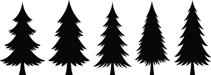 Naklejka premium Art & IllustrationSilhouette of pine trees, black fir tree icons, evergreen forest illustration, Christmas tree shapes, isolated on white background, vector art