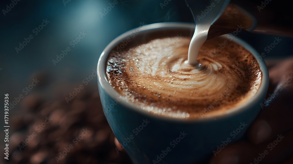 Poster a close up view shows milk being poured into a cup of coffee creating intricate latte art patterns w