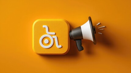“Megaphone with wheelchair symbol representing disability rights, accessibility awareness, inclusive communication, and advocacy for equal opportunities and empowerment of people with disabilities.”
