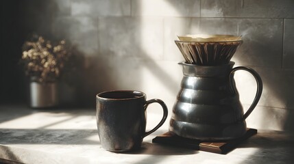 Fototapeta premium Morning coffee brewing setup with pour over carafe and mug illuminated by natural light