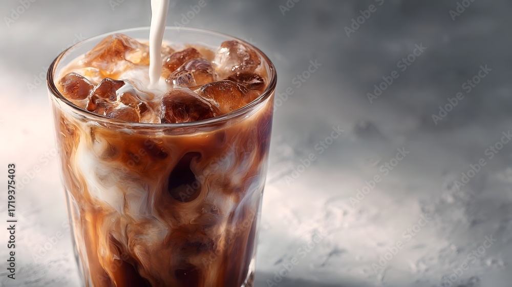 Poster milk swirling into a glass of iced coffee creating dynamic patterns with ice cubes