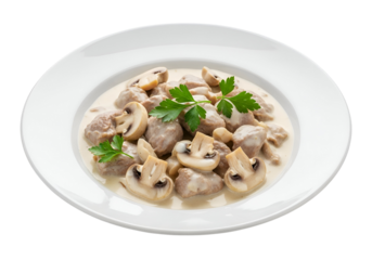 Creamy, delicious dish of seasoned beef and mushrooms, garnished with fresh herbs, presented on a white plate.