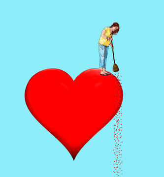 Naklejki Woman sweeping atop a large red heart symbolizing love and healing