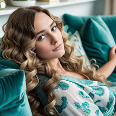 Blonde woman with long wavy hair resting on a blue sofa, wearing a white and blue dress with oriental patterns, evoking relaxed, stylish home vibes.