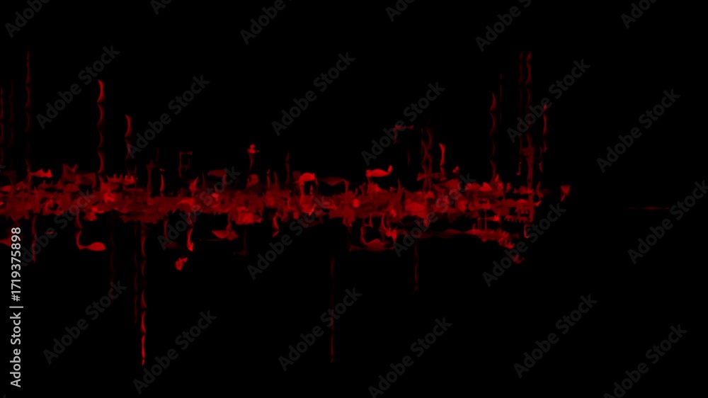 Poster distorted red line animates with glitchy, fluid motion like audio waveform or energy signal. seamles