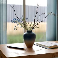Beautiful vase with branches and small blue flowers on a table by a window, creating a cozy, natural, and stylish home interior.