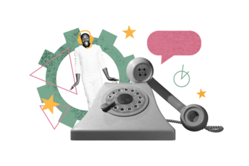 Composite trend artwork sketch collage of copyspace young man operator support call obsolete landline phone speech cloud cogwheel worker