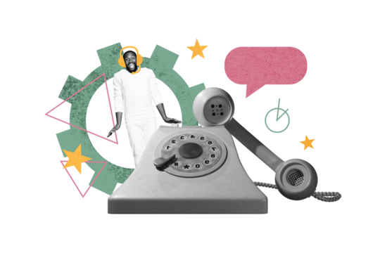 Composite trend artwork sketch collage of copyspace young man operator support call obsolete landline phone speech cloud cogwheel worker - Powered by Adobe