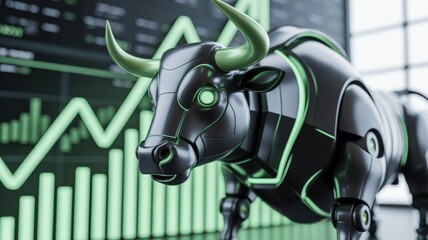 Robotic Bull: A cutting-edge robotic bull with glowing accents stands poised, its presence accentuated by a dynamic stock market graph in the backdrop.