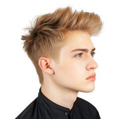 Young man with stylish blonde hair and serious expression, profile view against plain background, fashion and beauty concept transparent background