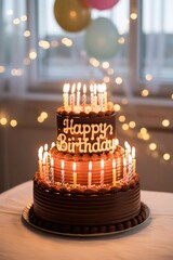 Two-Tier Chocolate Birthday Cake with Lit Candles and Balloons