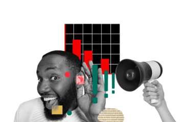 Composite photo collage of happy cunning american man listen gossips megaphone information volume chart isolated on painted background