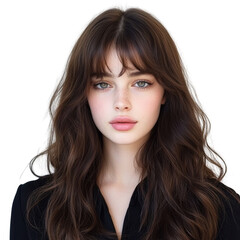 Captivating Portrait of a Young Woman with Long Brown Hair and Natural Makeup Against a Neutral Background transparent background