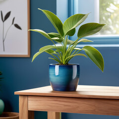 Blue pot with a green indoor plant on a wooden table, blending natural textures and modern home decor for a cozy, stylish interior.