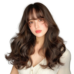 Young Woman with Long Wavy Hair and Natural Makeup Posing Elegantly in a Studio Setting transparent background