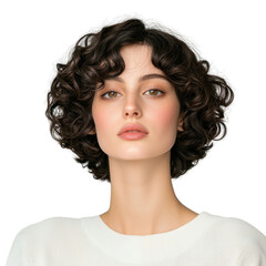 Young woman with curly hair showcasing natural beauty and expressing confidence in a simple white sweater transparent background