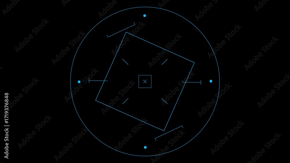 Poster animated heads-up display with rotating circles, squares, and targeting elements in blue on black ba