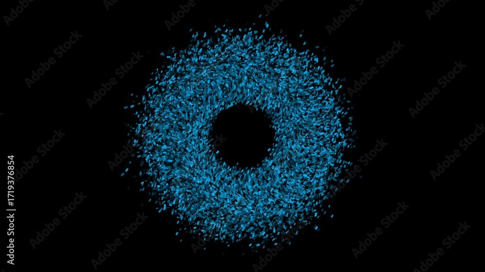 Poster dense ring of glowing blue particles with swirling motion on black background. abstract visual for s