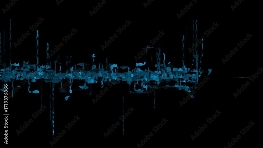 Poster distorted blue line animates with glitchy, fluid motion like audio waveform or energy signal. seamle