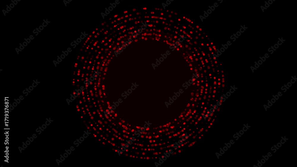 Poster a dense ring of glowing red particles and data points swirls on isolated black background. abstract 