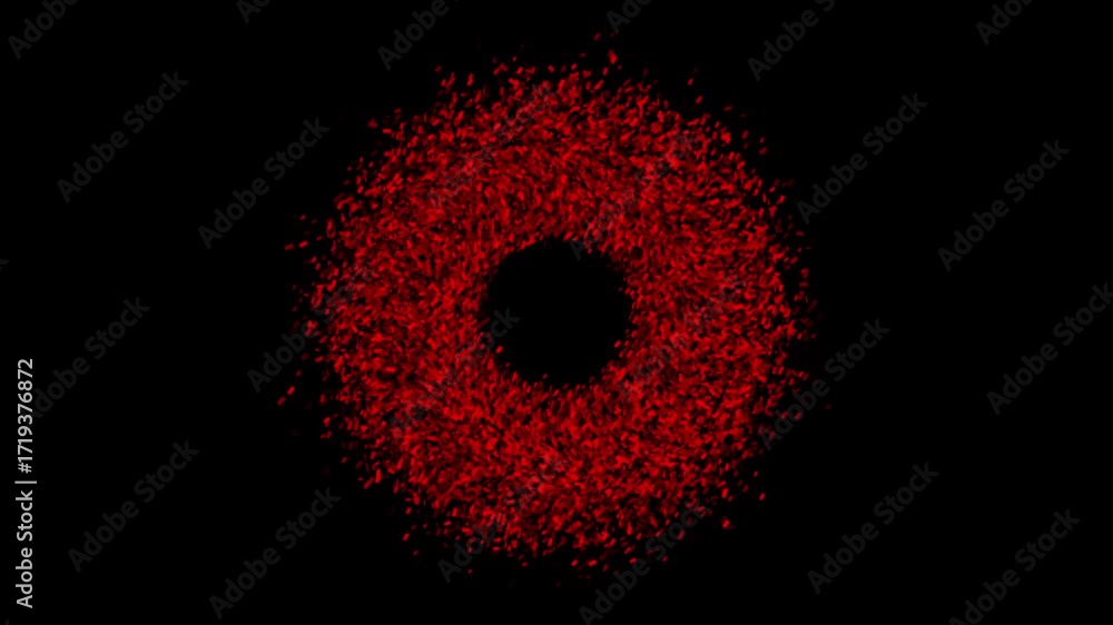 Poster dense ring of glowing red particles with subtle, slow swirling motion on black background. abstract 