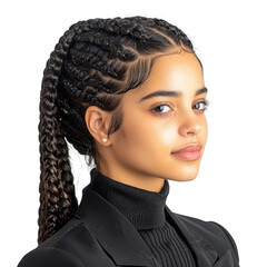 Young woman with braided hairstyle wearing a blazer, showcasing elegance and confidence in a stylish portrait transparent background
