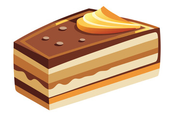 Sliced piece of multilayered cake displayed chocolate topping and delicious orange cream swirl on the upper side