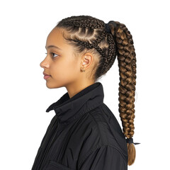 Young girl with braided hair wearing black jacket posing against plain background for portrait photography transparent background