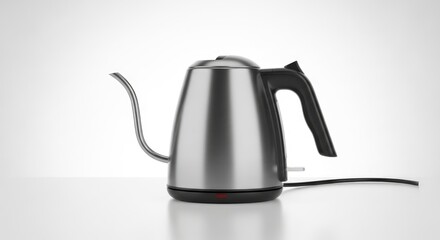 A sleek silver electric gooseneck kettle with a black handle and base sits on a reflective white surface against a bright gradient background