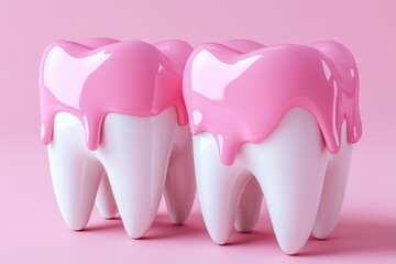 Pink Enamel Teeth on a Pink Background, Dental Care Concept