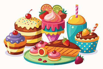Cupcakes, cake slices, and a fruity drink adorn the vibrant, pastelcolored dessert platter