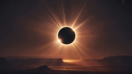 Total Solar Eclipse Over Desert Landscape with Dramatic Corona Rays