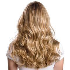 Long, Wavy Blonde Hair Flowing Down Back of Woman in Casual White Shirt Against Bright Background transparent background