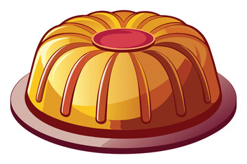 Cartoon bundt cake with raspberry glaze sits on a two tone maroon plate sweetly