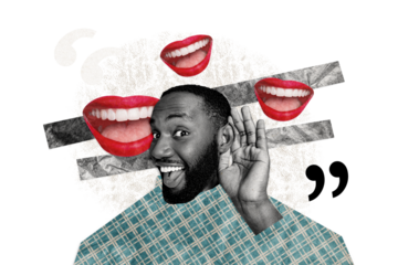 Composite photo collage of american shocked guy listen ear gossip murmur secret information mouth smile isolated on painted background