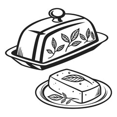 Elegant butter dish and block are decorated with leaf outlines on white background